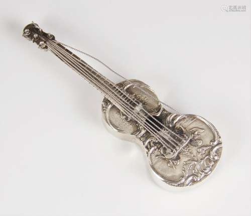 A Dutch silver miniature model of a guitar, of typical form,...