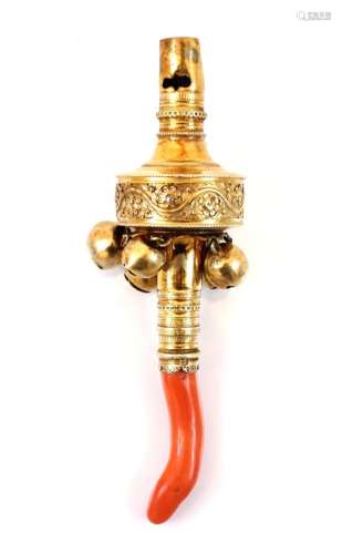 An early 19th century gilt coloured baby rattle, possibly Ma...