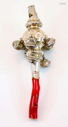 A silver mounted children's rattle, possibly Hilliard an...