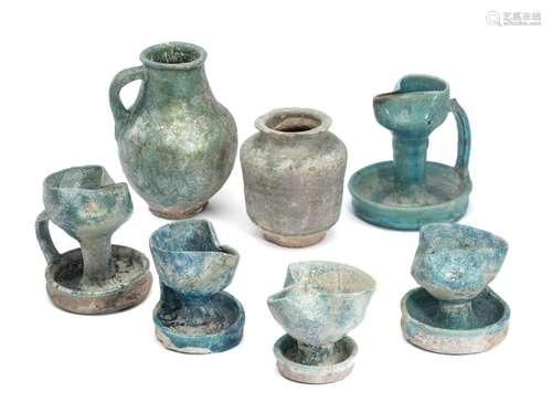 EIGHT KASHAN TURQUOISE GLAZED POTTERY VESSELS, PERSIA, CIRCA...