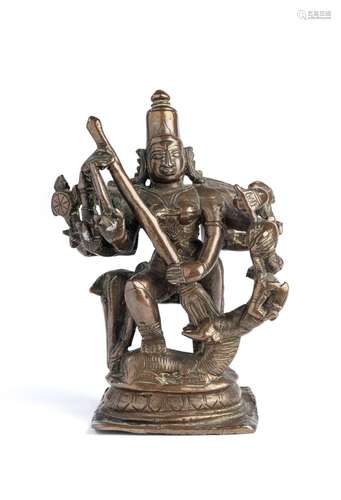 A BRONZE FIGURE OF DURGA SLAYING THE BUFFALO DEMON, TAMIL NA...