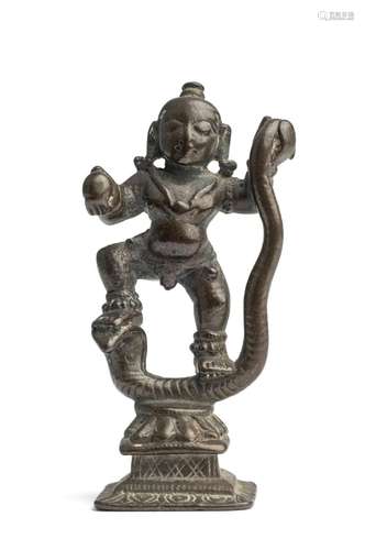 A SMALL BRONZE FIGURE OF KRISHNA KALIYADAMANA, SOUTH INDIA, ...