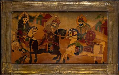 A REVERSE GLASS PAINTING DEPICTING TWO WARRIORS AND A LADY O...