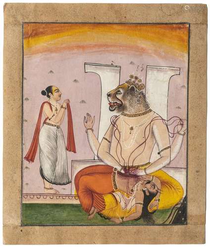 NARASIMHA DISEMBOWELLING HIRANYAKASHIPU, DECCAN, INDIA, CIRC...