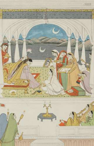 A LADY WITH ATTENDANTS IN A MOONLIT LAKESIDE PAVILION, PAHAR...