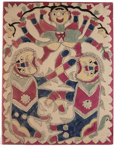 A MADHUBHANI PAINTING DEPICTING DURGA, BIHAR, MID-20TH CENTU...