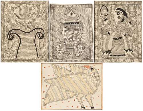 FOUR SMALL MADHUBANI PAINTINGS, BIHAR, NORTHERN INDIA, MID-2...