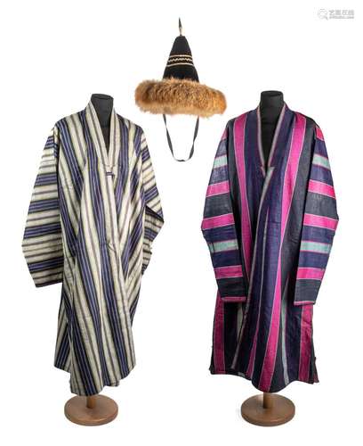 TWO TURKMEN SILK COATS (CHAPAN) AND A MONGOLIAN HAT, CENTRAL...