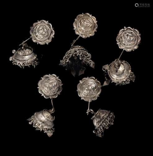 FIVE SILVER ALLOY EAR ORNAMENTS, INDONESIA, 19TH CENTURY