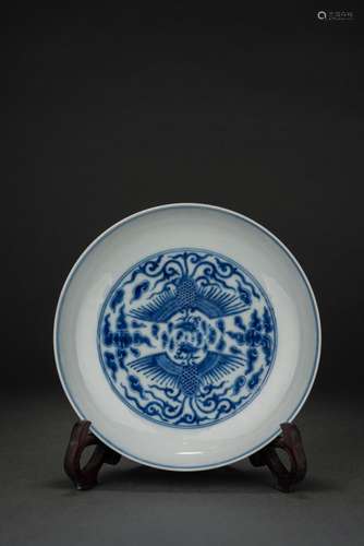 Chinese blue and white glazed phoenix patterned porcelain pl...