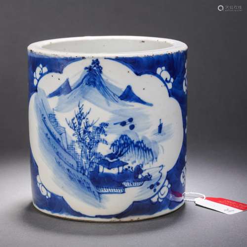 A Blue and White Landscape Brushpot