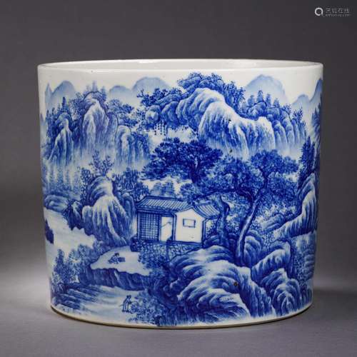 A Blue and White Landscape Brushpot