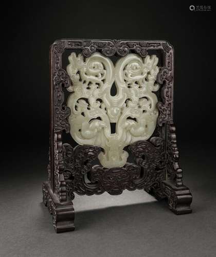 China Hotan Jade and Wood Carved Screen, 18th