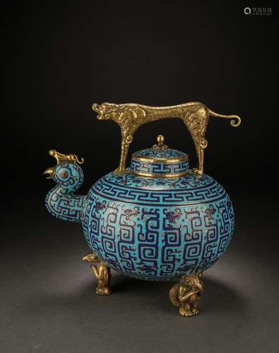 Chinese Bronze Gilded Cloisonne Kettle, Qianlong