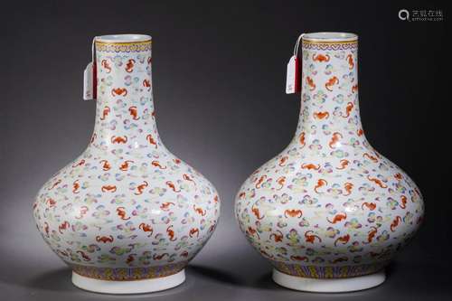 Pair Famille Rose Hundred Bats Vases