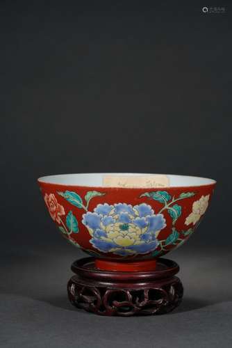 Chinese Coral Red Ground Colorful Flower Pattern Porcelain B...