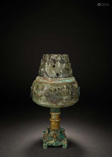 Ancient China Hotan Jade and Bronze Incense Burner