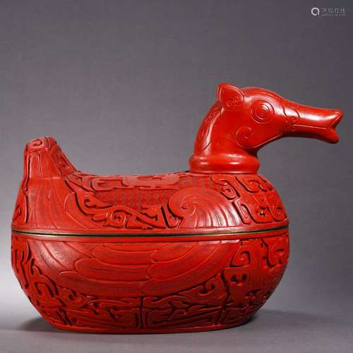 A Carved Cinnabar Lacquer Duck-form Box with Cover