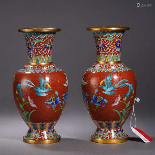 Pair Cloisonne Enamel Phoenixes Vases