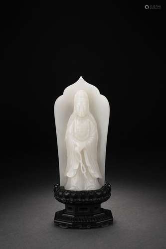 Chinese Hotan White Jade Carved Guanyin