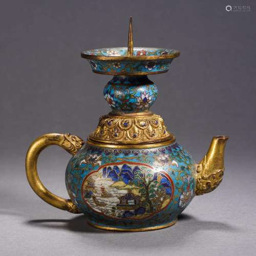 A Cloisonne Enamel Landscape Candlestick Holder