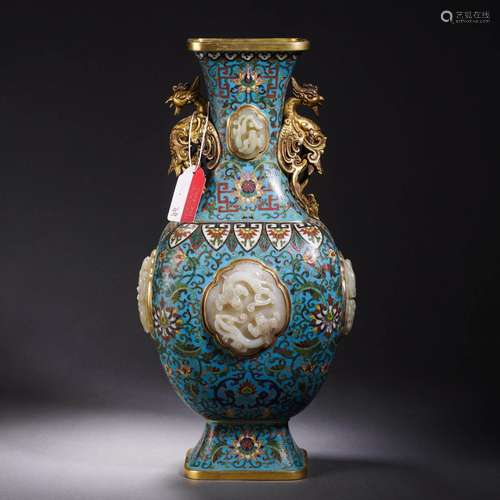 A Carved Jade Plaque Inlaid Cloisonne Enamel Vase