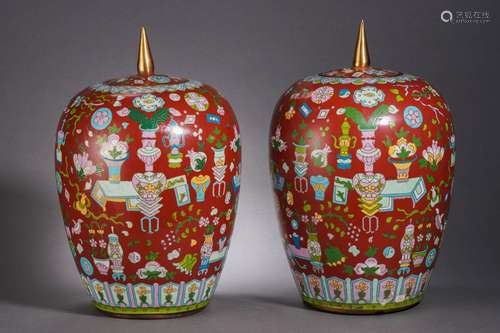 Pair Cloisonne Enamel Hundred Antiques Jar with Cover