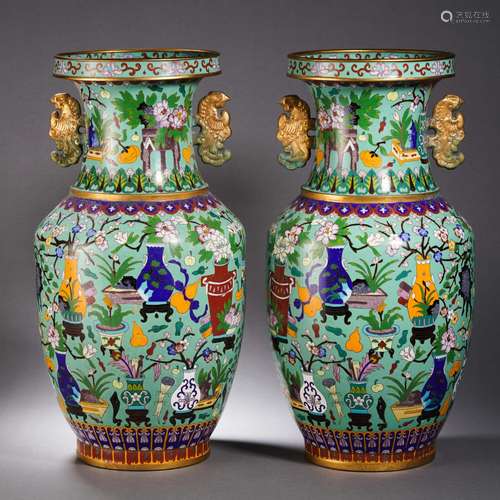 Pair Cloisonne Enamel Hundred Antiques Vases