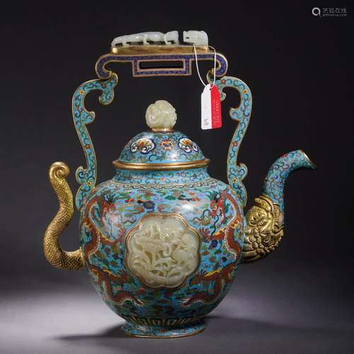 A Carved Jade Plaque Inlaid Cloisonne Enamel Teapot