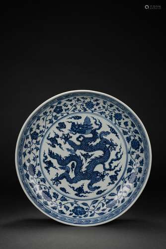 Chinese blue and white glazed dragon patterned porcelain pla...