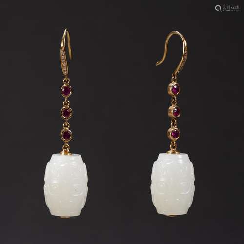 Pair White Jade Ruby and 18 Karat Gold Earrings