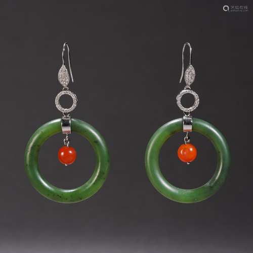 Pair Spinach Green Jade Earrings