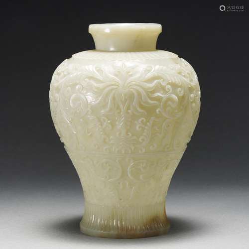 A Carved White Jade Lotus Scrolls Vase