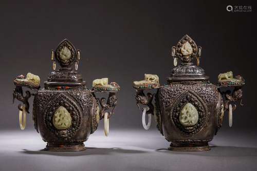 Pair Carved Jade Plaques Inlaid Silver Vessels