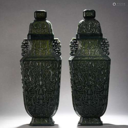 Pair Carved Spinach Green Jade Vases