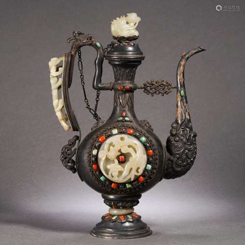 A Carved Jade Inlaid Silver Ewer