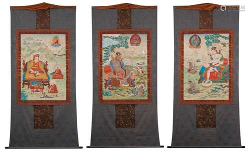 A Set of Three Thangka Depicting Masters