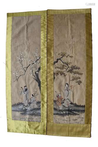 Pair Embroidered Immortal Story Hanging Panels