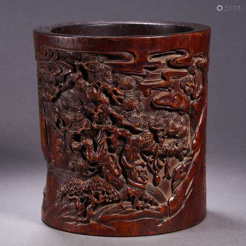 A Carved Aloeswood Cylindrical Brushpot