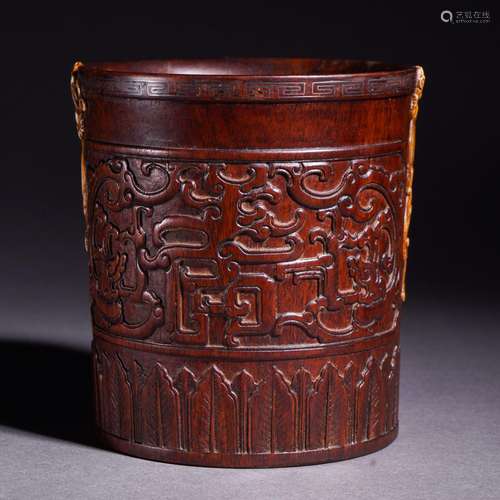 A Carved Aloeswood Chilong Brushpot