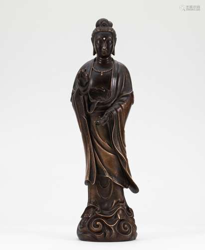 Ming Dynasty Bronze Inlaid Silver Silk Old Man Guanyin Statu...