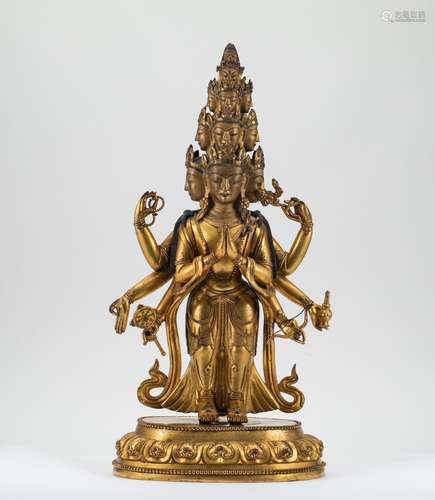 Bronze giL:ded thousand hand Guanyin statue in Qing Dynasty