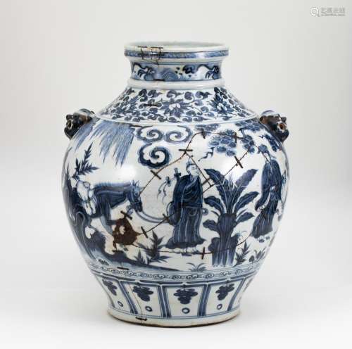 Blue and white character jar