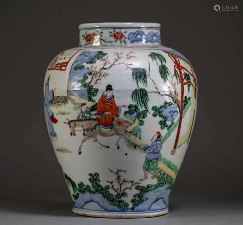 Qing Dynasty Blue and White Colorful Figure Jar