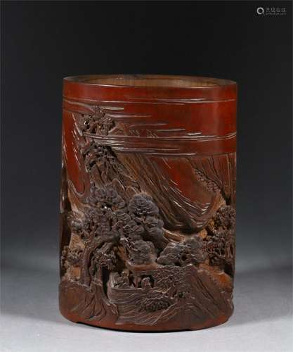 Qing Dynasty bamboo carving character pen holder