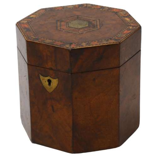 19th century walnut and parquetry inlaid octagonal tea caddy...