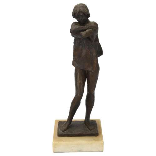 Patinated bronze sculpture, girl undressing, signed with mon...