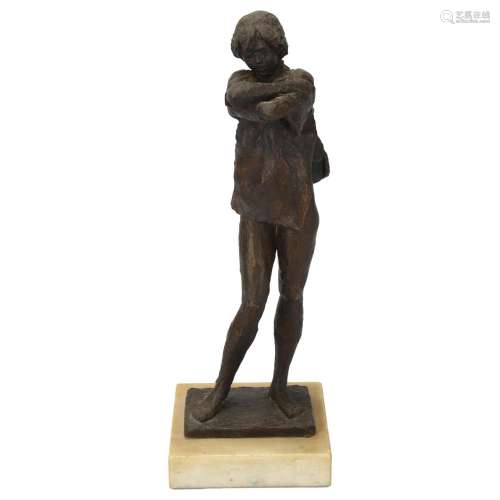 Patinated bronze sculpture, girl undressing, signed with mon...