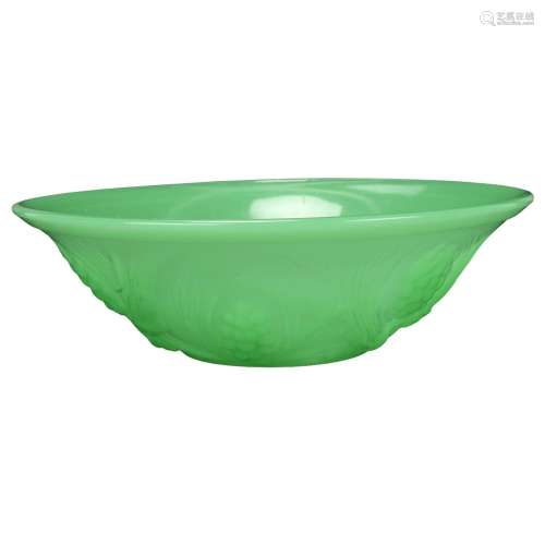 Jobling uranium green glass bowl with moulded harvest design...