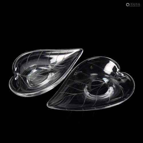 KOSTA - pair of clear glass leaf-shaped dishes, engrave mark...